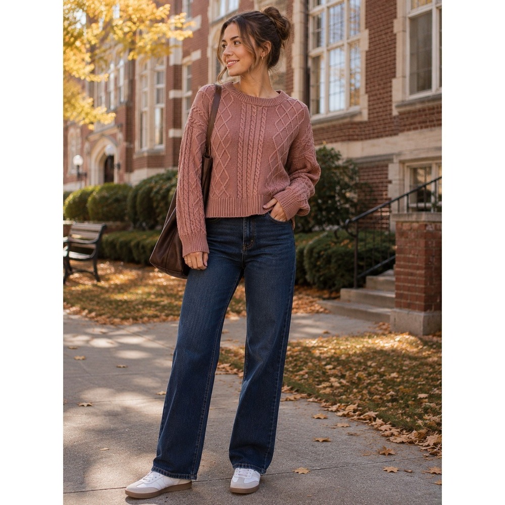 Dreamers by Debut Cable Knit Sweater Small Dusty Rose Mauve Oversized Pullover